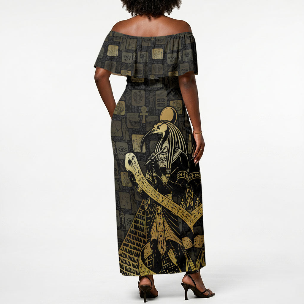 Egyptian God Thoth Off Shoulder Maxi Dress Ancient Mythology Ibis Wisdom Hieroglyphic