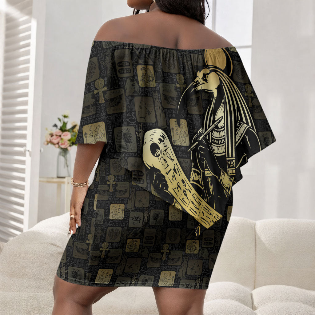 Egyptian God Thoth Off Shoulder Short Dress Ancient Mythology Ibis Wisdom Hieroglyphic