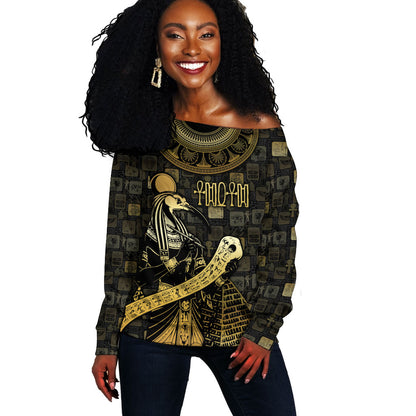 Egyptian God Thoth Off Shoulder Sweater Ancient Mythology Ibis Wisdom Hieroglyphic