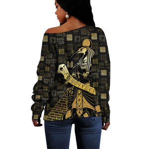 Egyptian God Thoth Off Shoulder Sweater Ancient Mythology Ibis Wisdom Hieroglyphic