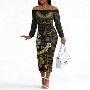 Egyptian God Thoth Off The Shoulder Long Sleeve Dress Ancient Mythology Ibis Wisdom Hieroglyphic