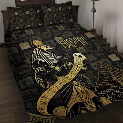 Egyptian God Thoth Quilt Bed Set Ancient Mythology Ibis Wisdom Hieroglyphic
