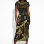 Egyptian God Thoth Short Sleeve Bodycon Dress Ancient Mythology Ibis Wisdom Hieroglyphic