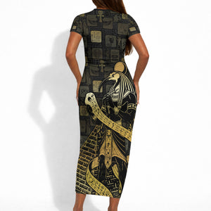 Egyptian God Thoth Short Sleeve Bodycon Dress Ancient Mythology Ibis Wisdom Hieroglyphic