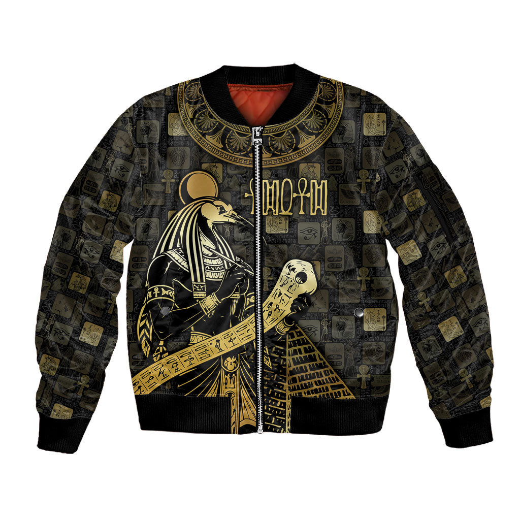 Egyptian God Thoth Sleeve Zip Bomber Jacket Ancient Mythology Ibis Wisdom Hieroglyphic