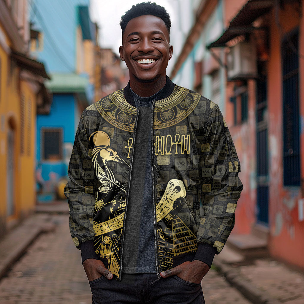 Egyptian God Thoth Sleeve Zip Bomber Jacket Ancient Mythology Ibis Wisdom Hieroglyphic