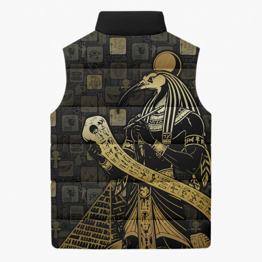 Egyptian God Thoth Sleeveless Puffer Jacket Ancient Mythology Ibis Wisdom Hieroglyphic