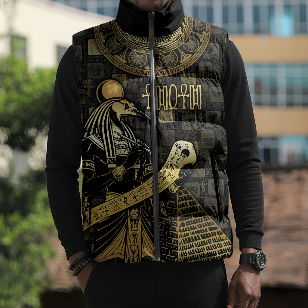 Egyptian God Thoth Sleeveless Puffer Jacket Ancient Mythology Ibis Wisdom Hieroglyphic