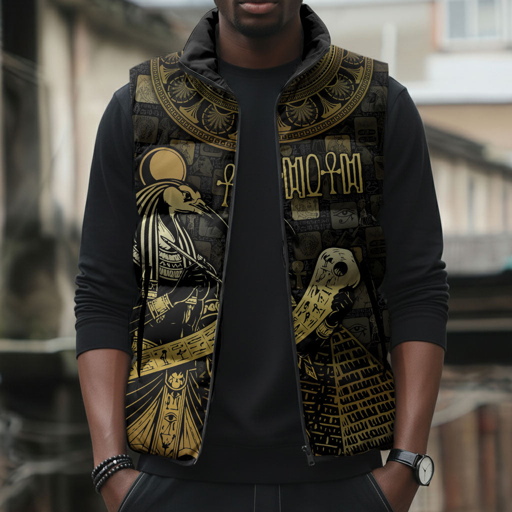 Egyptian God Thoth Sleeveless Puffer Jacket Ancient Mythology Ibis Wisdom Hieroglyphic