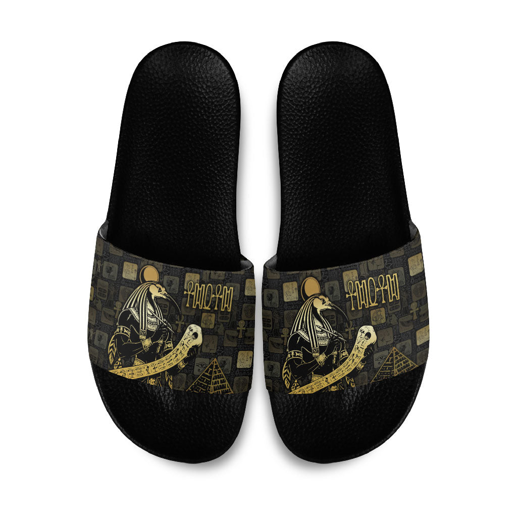 Egyptian God Thoth Slide Sandals Ancient Mythology Ibis Wisdom Hieroglyphic
