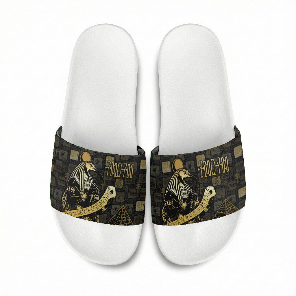 Egyptian God Thoth Slide Sandals Ancient Mythology Ibis Wisdom Hieroglyphic