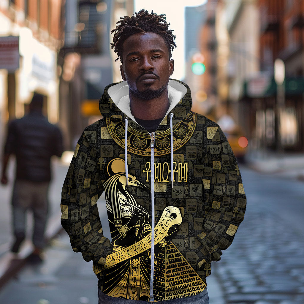 Egyptian God Thoth Zip Hoodie Ancient Mythology Ibis Wisdom Hieroglyphic