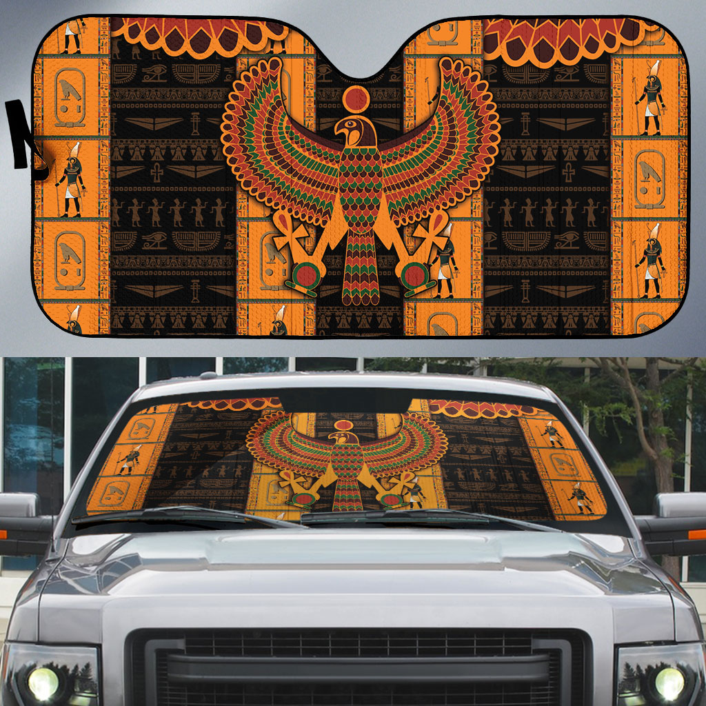 Egyptian God Horus Auto Sun Shade Ancient Mythology Falcon Hieroglyphic Patterns