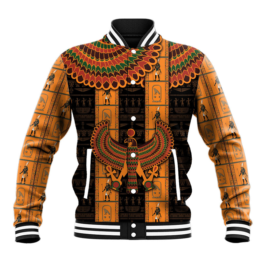 Egyptian God Horus Baseball Jacket Ancient Mythology Falcon Hieroglyphic Patterns