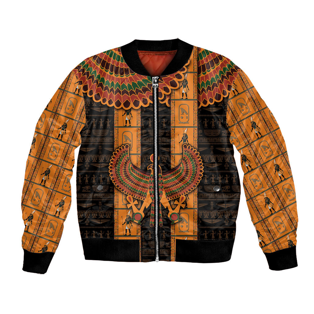 Egyptian God Horus Bomber Jacket Ancient Mythology Falcon Hieroglyphic Patterns