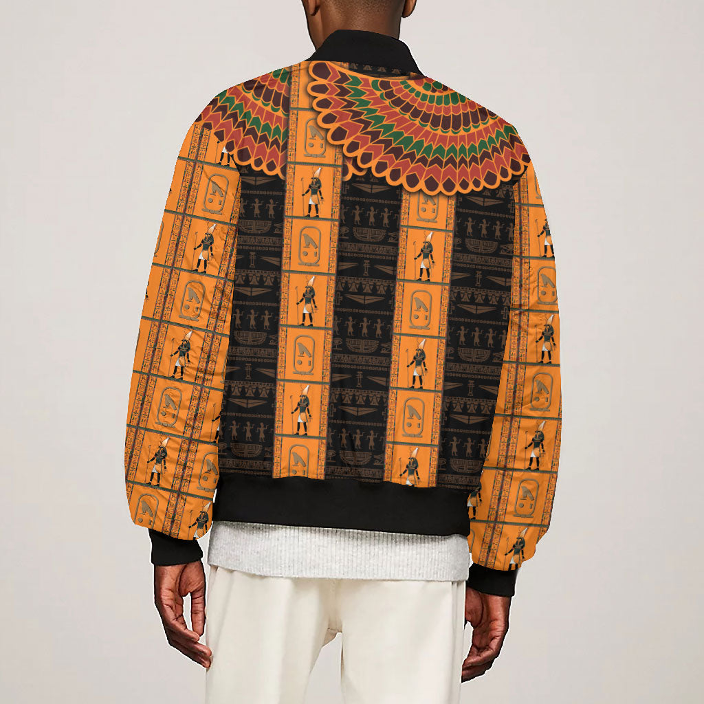 Egyptian God Horus Bomber Jacket Ancient Mythology Falcon Hieroglyphic Patterns