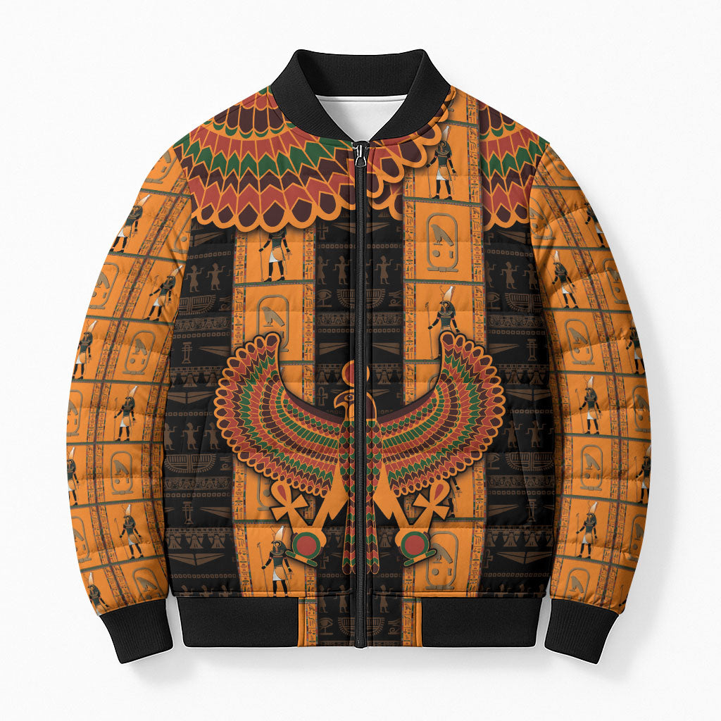 Egyptian God Horus Bomber Puffer Jacket Ancient Mythology Falcon Hieroglyphic Patterns