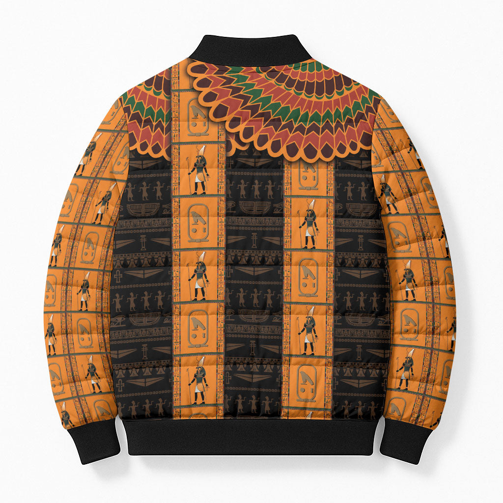 Egyptian God Horus Bomber Puffer Jacket Ancient Mythology Falcon Hieroglyphic Patterns