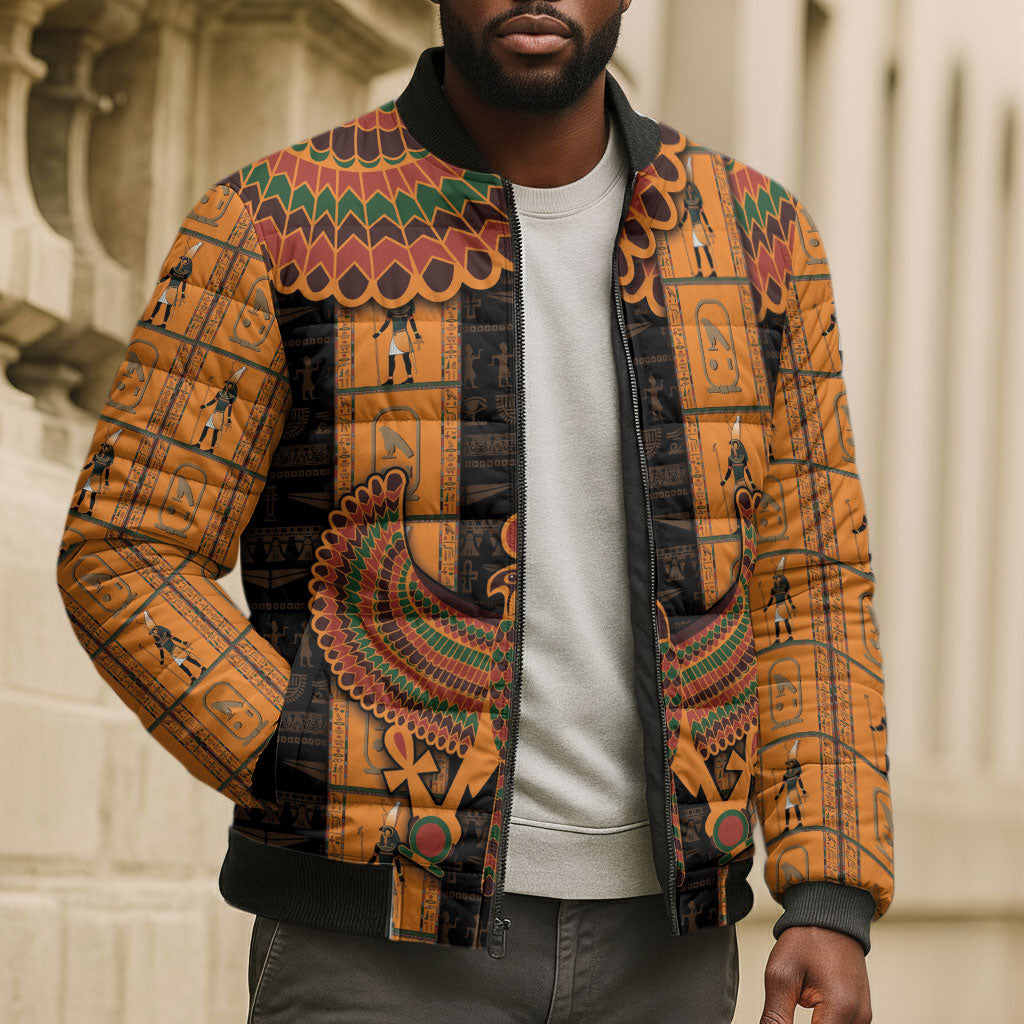 Egyptian God Horus Bomber Puffer Jacket Ancient Mythology Falcon Hieroglyphic Patterns