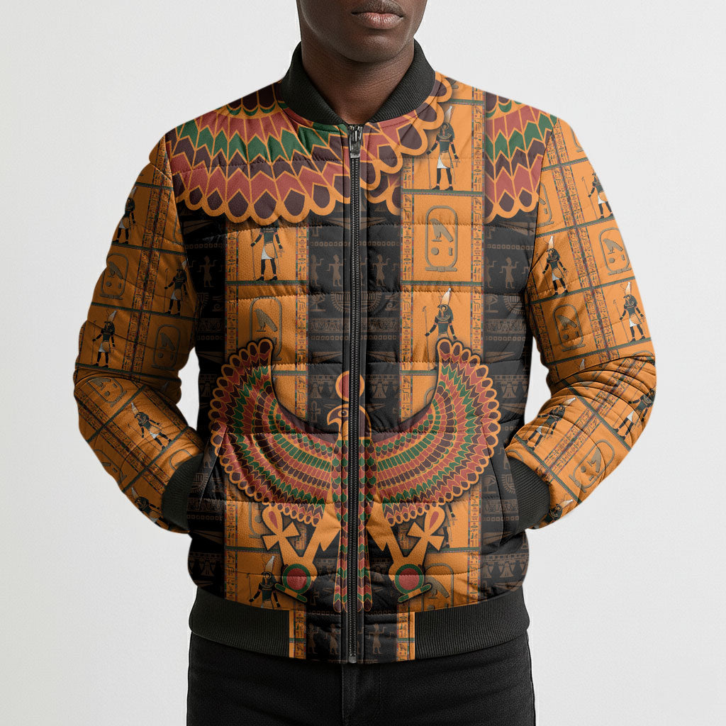 Egyptian God Horus Bomber Puffer Jacket Ancient Mythology Falcon Hieroglyphic Patterns