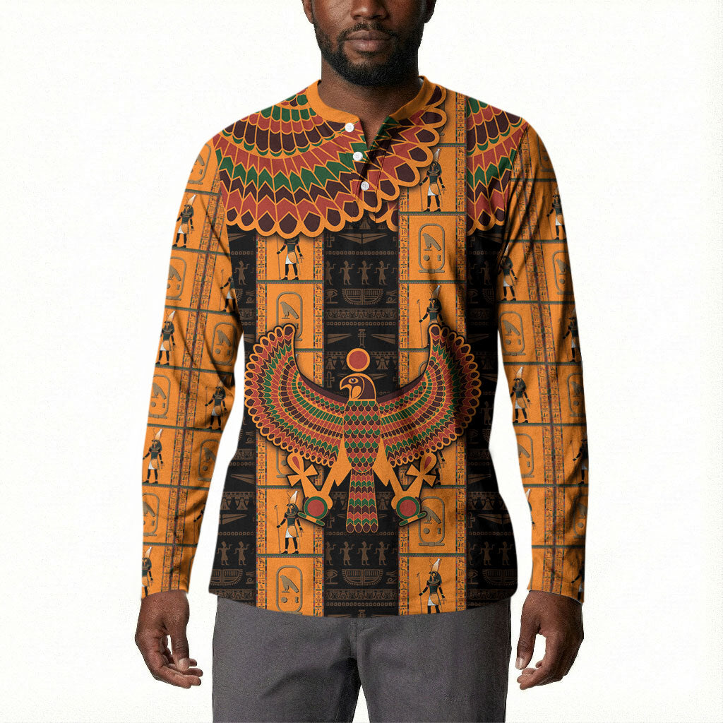 Egyptian God Horus Button Sweatshirt Ancient Mythology Falcon Hieroglyphic Patterns