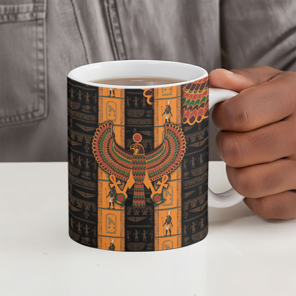 Egyptian God Horus Ceramic Mug Ancient Mythology Falcon Hieroglyphic Patterns