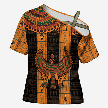Egyptian God Horus Cross Shoulder Shirt Ancient Mythology Falcon Hieroglyphic Patterns