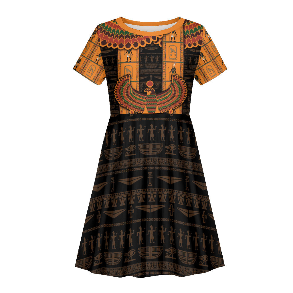 Egyptian God Horus Kid Short Sleeve Dress Ancient Mythology Falcon Hieroglyphic Patterns