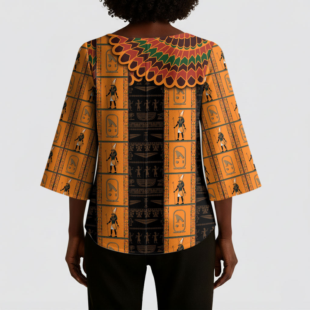 Egyptian God Horus Kimono Sleeve Blouse Ancient Mythology Falcon Hieroglyphic Patterns