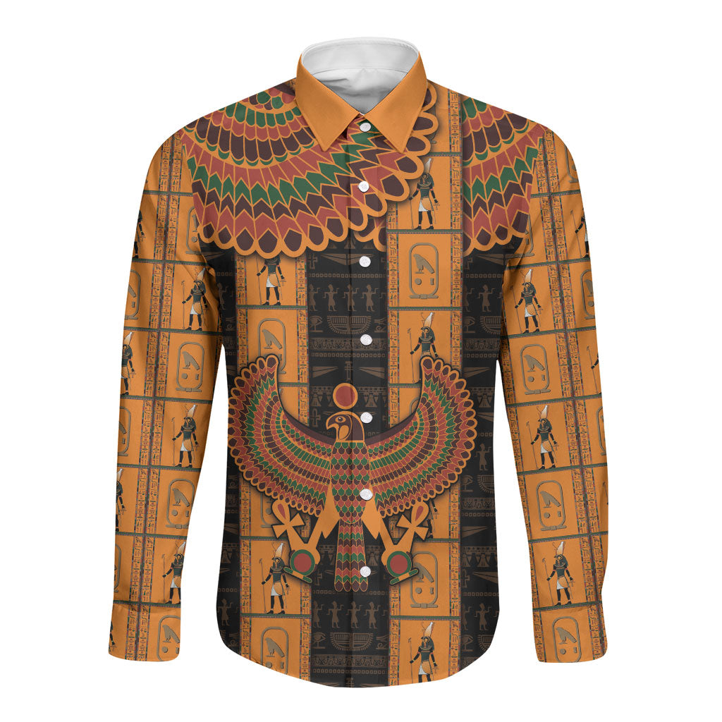 Egyptian God Horus Long Sleeve Button Shirt Ancient Mythology Falcon Hieroglyphic Patterns
