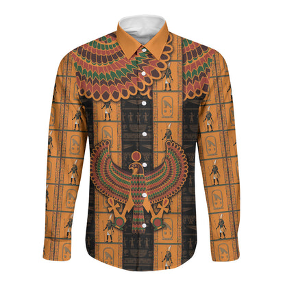 Egyptian God Horus Long Sleeve Button Shirt Ancient Mythology Falcon Hieroglyphic Patterns