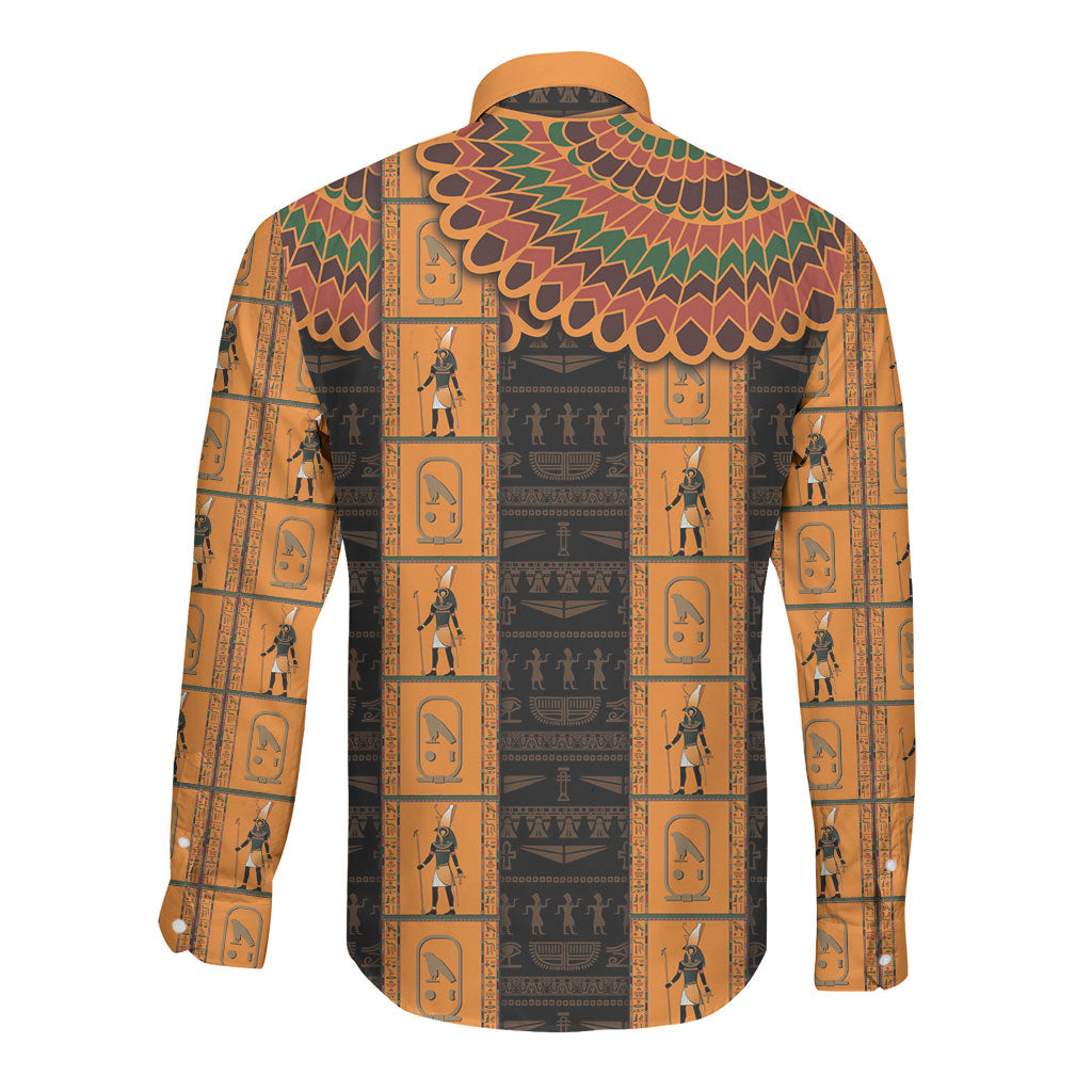 Egyptian God Horus Long Sleeve Button Shirt Ancient Mythology Falcon Hieroglyphic Patterns