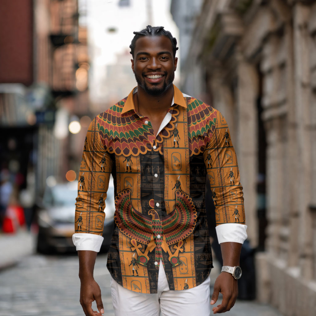 Egyptian God Horus Long Sleeve Button Shirt Ancient Mythology Falcon Hieroglyphic Patterns