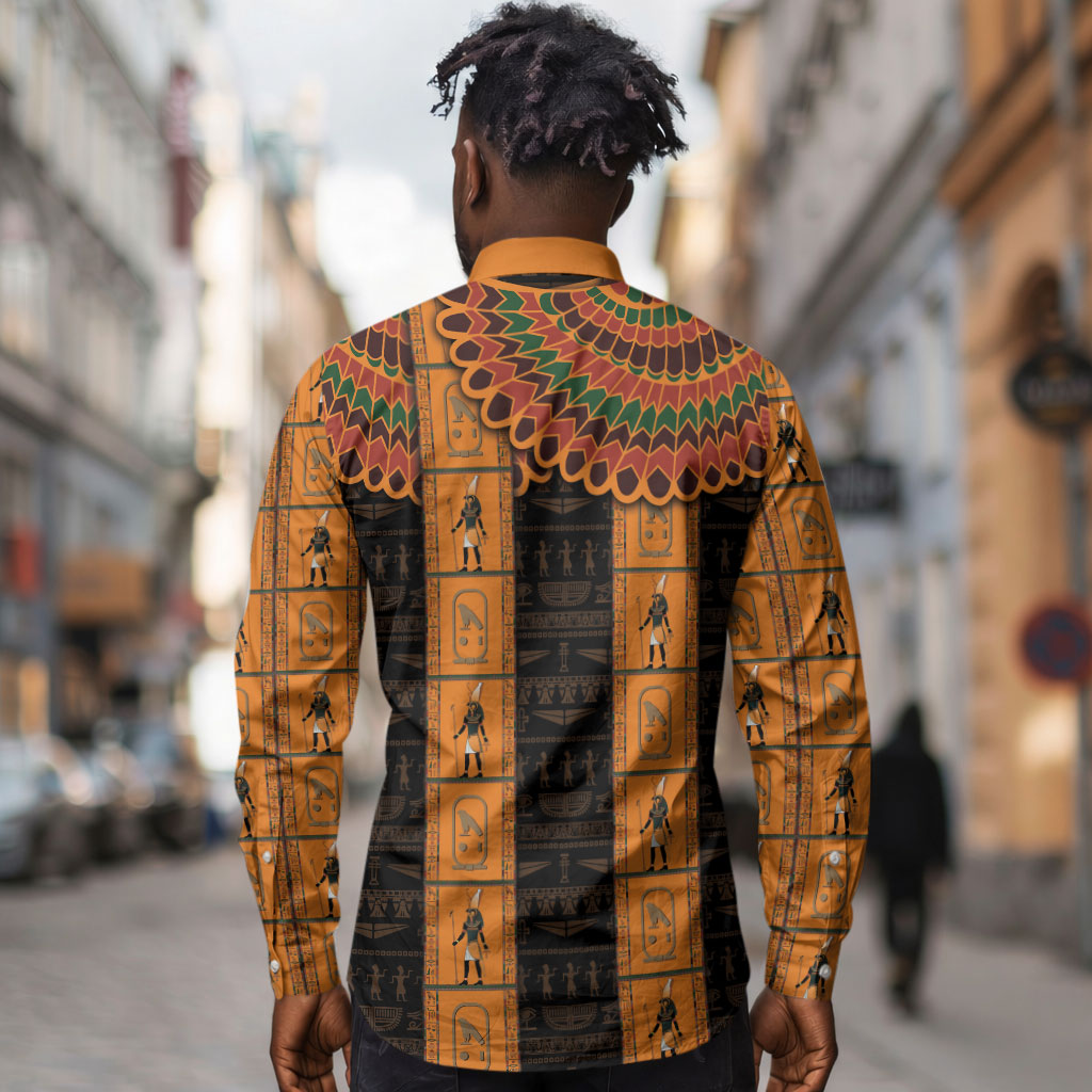 Egyptian God Horus Long Sleeve Button Shirt Ancient Mythology Falcon Hieroglyphic Patterns