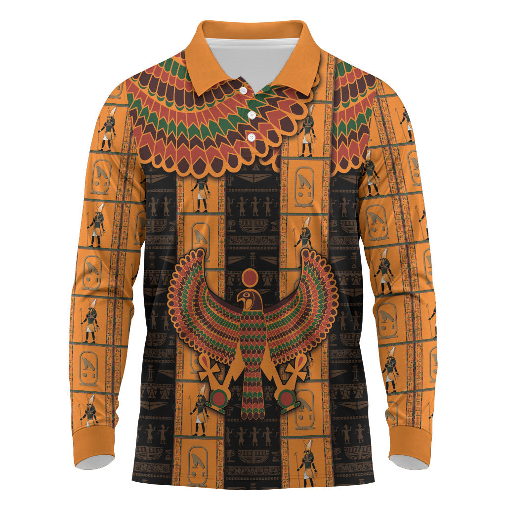 Egyptian God Horus Long Sleeve Polo Shirt Ancient Mythology Falcon Hieroglyphic Patterns