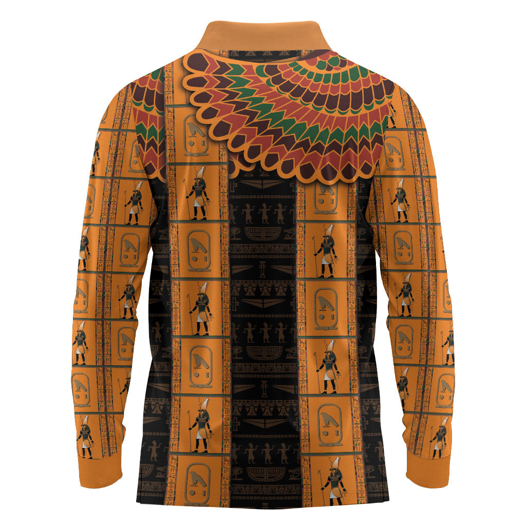 Egyptian God Horus Long Sleeve Polo Shirt Ancient Mythology Falcon Hieroglyphic Patterns