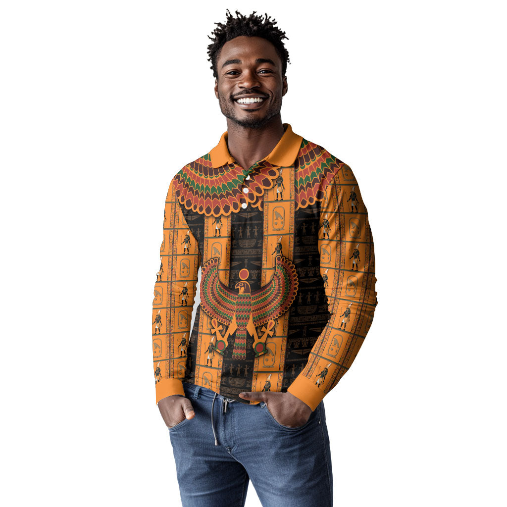 Egyptian God Horus Long Sleeve Polo Shirt Ancient Mythology Falcon Hieroglyphic Patterns