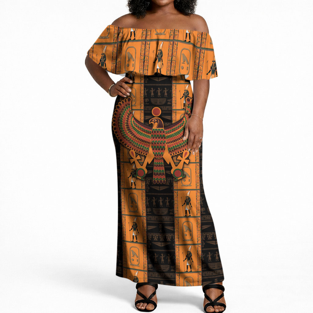 Egyptian God Horus Off Shoulder Maxi Dress Ancient Mythology Falcon Hieroglyphic Patterns