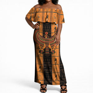 Egyptian God Horus Off Shoulder Maxi Dress Ancient Mythology Falcon Hieroglyphic Patterns