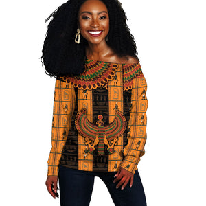 Egyptian God Horus Off Shoulder Sweater Ancient Mythology Falcon Hieroglyphic Patterns
