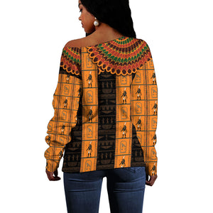 Egyptian God Horus Off Shoulder Sweater Ancient Mythology Falcon Hieroglyphic Patterns
