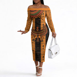 Egyptian God Horus Off The Shoulder Long Sleeve Dress Ancient Mythology Falcon Hieroglyphic Patterns