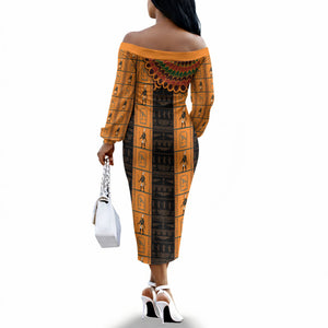 Egyptian God Horus Off The Shoulder Long Sleeve Dress Ancient Mythology Falcon Hieroglyphic Patterns