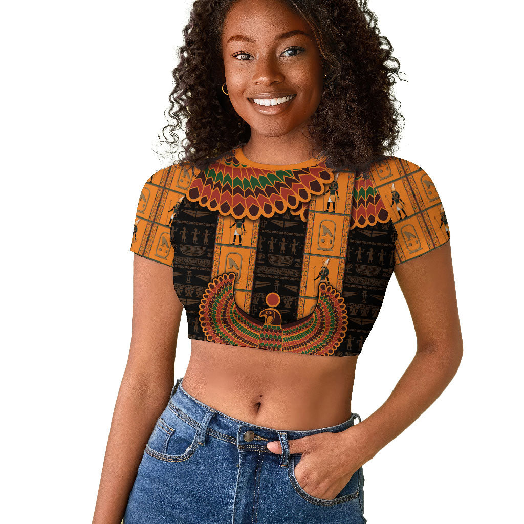 Egyptian God Horus Raglan Cropped T shirt Ancient Mythology Falcon Hieroglyphic Patterns