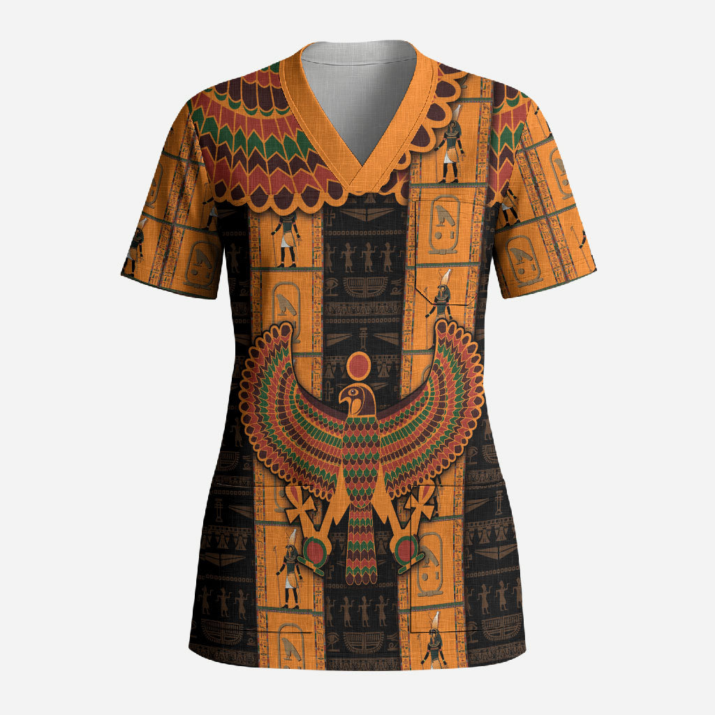Egyptian God Horus Scrub Top Ancient Mythology Falcon Hieroglyphic Patterns