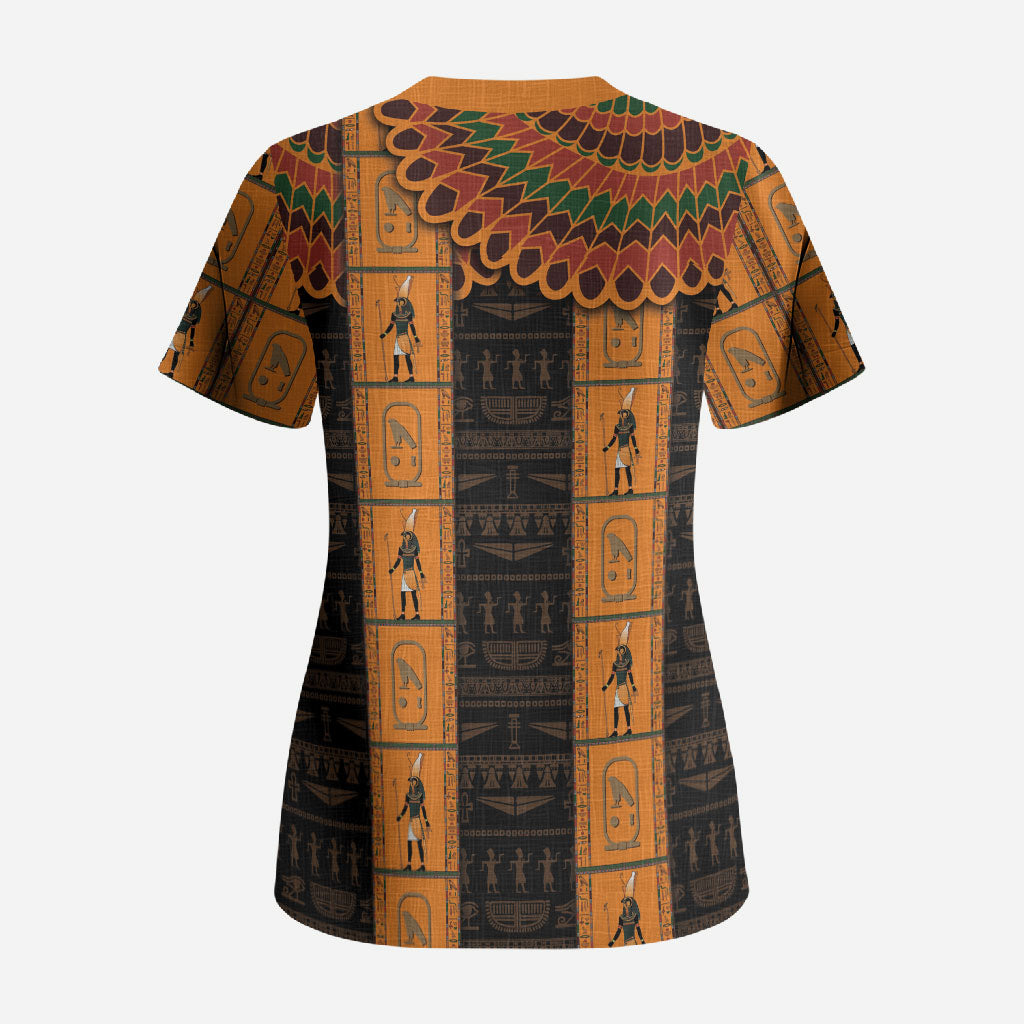Egyptian God Horus Scrub Top Ancient Mythology Falcon Hieroglyphic Patterns