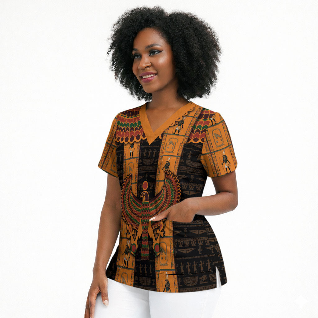 Egyptian God Horus Scrub Top Ancient Mythology Falcon Hieroglyphic Patterns