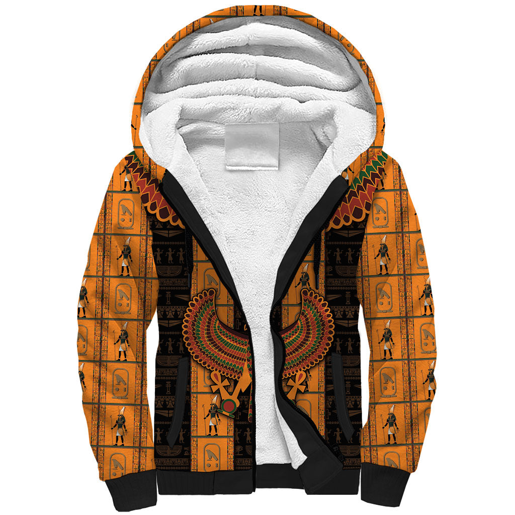 Egyptian God Horus Sherpa Hoodie Ancient Mythology Falcon Hieroglyphic Patterns
