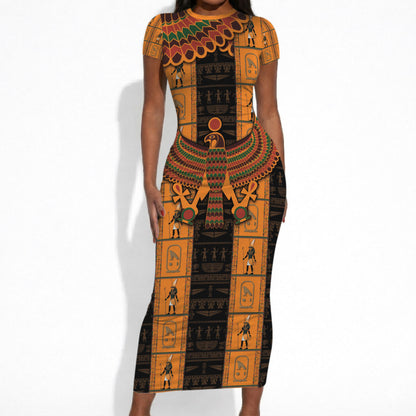 Egyptian God Horus Short Sleeve Bodycon Dress Ancient Mythology Falcon Hieroglyphic Patterns