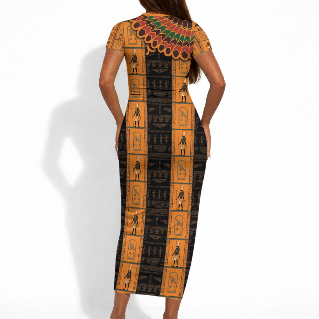 Egyptian God Horus Short Sleeve Bodycon Dress Ancient Mythology Falcon Hieroglyphic Patterns